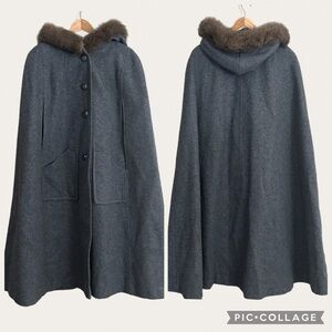 VINTAGE Victorian Gray Wool Cape w/ Fur Hood. Measures 19” shoulders 24 pit XL